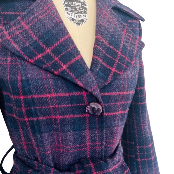 🛑SOLD BERMAN BLACK Plaid Wool Ruffle Peacoat in Navy/Purple Size S - Picture 2 of 11